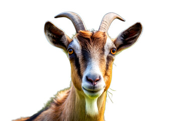 Portrait of a goat on the background of a mountain landscape. isolated on white background