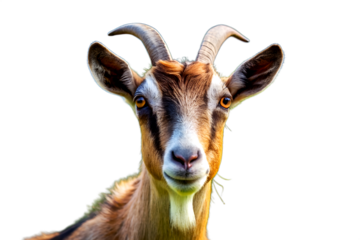 Portrait of a goat on the background of a mountain landscape. isolated on white background