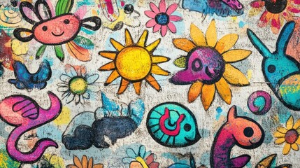 Fototapeta premium A vibrant collection of doodles featuring playful animals, cheerful suns, and colorful flowers, drawn with textured charcoal strokes on a slightly aged paper canvas