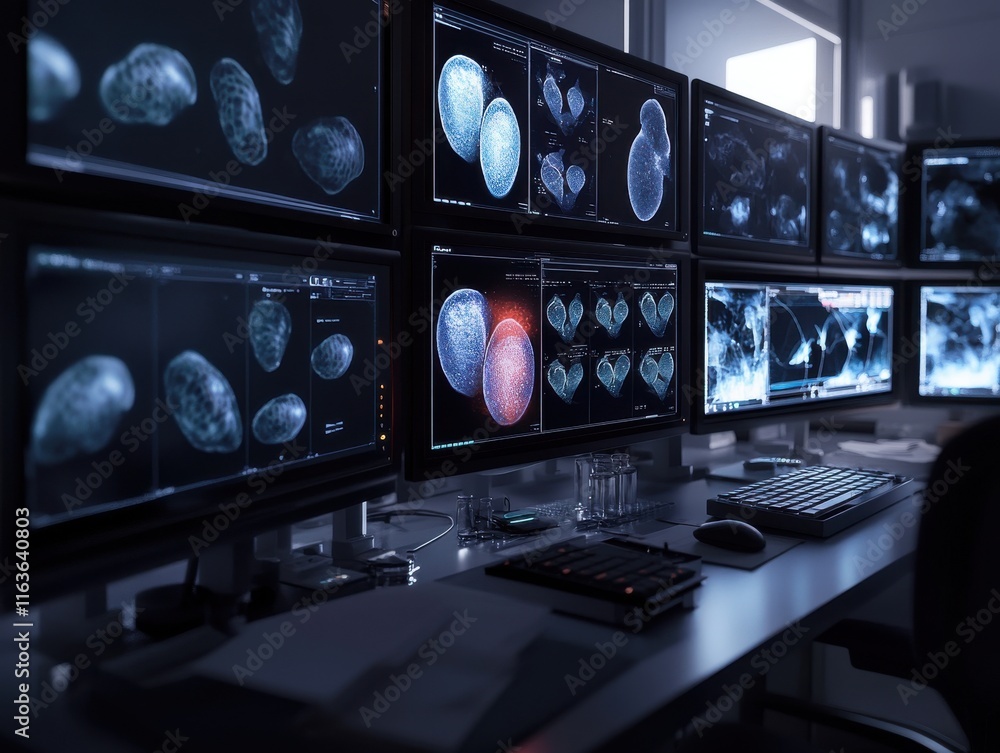 Poster a high-tech laboratory showcasing detailed microbial images on multiple screens.