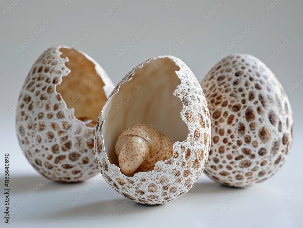 Poster three intricately patterned eggshells with one containing a unique, spotted creature inside.