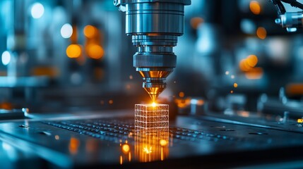 Industrial CNC laser machine with sparks and light, closeup of drill head on workbench for metal production, potential usecase for technology, manufacturing and industry concepts