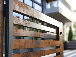Close-up view of a modern rusted metal gate with sleek lines, creating an elegant entrance to a contemporary home.