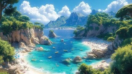 Serene Animated Beach Scene on the Amalfi Coast in Vibrant Colors