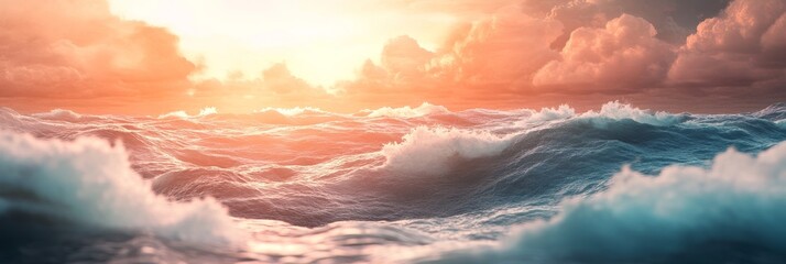 Obraz premium Ocean Waves At Sunset, Peaceful Nature Scene With Stormy Sea And Colorful Sunlight, Seascape View