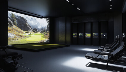 A photo of a modern indoor golf practice room with a green carpet, sleek black curtains, and a large LED screen on one wall displaying the golf game interface.