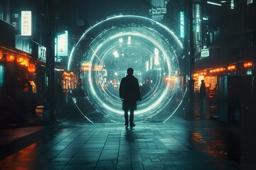Rainy Night Cityscape Person Stands Before Portal