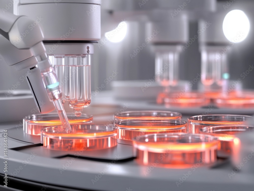 Poster close-up of a lab technician using a pipette on petri dishes in a modern laboratory setting.