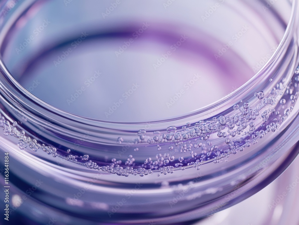 Poster close-up of a translucent container with bubbles and a soft purple hue, creating an ethereal and cal