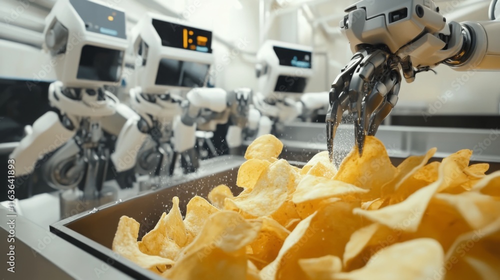 Leinwandbilder robotic arms are meticulously placing potato chips into packaging containers in a modern food produc