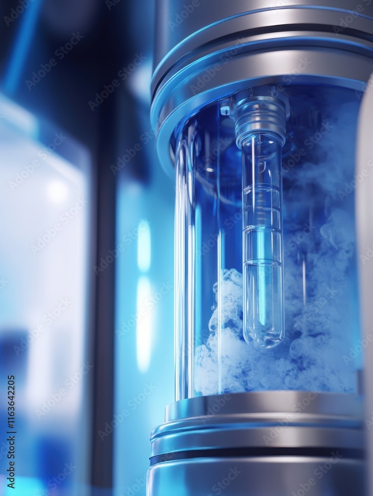 Poster close-up of a high-tech apparatus with a transparent container emitting vapor, showcasing a futurist