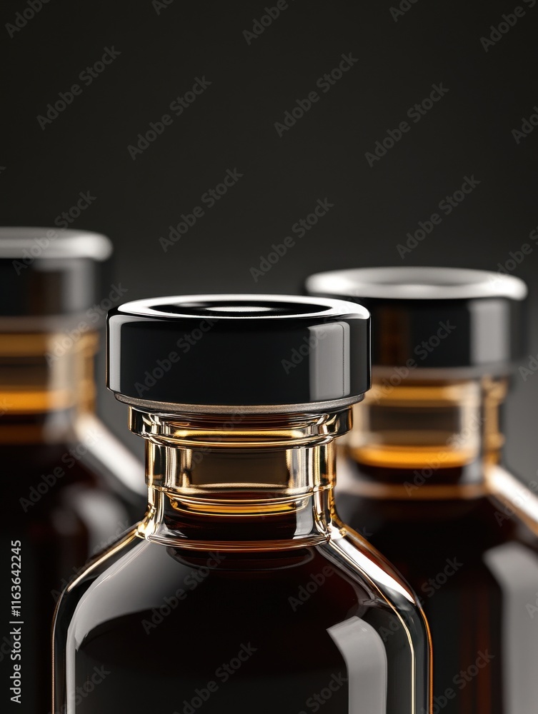 Poster close-up of glass bottles with dark liquid, emphasizing modern design and texture.