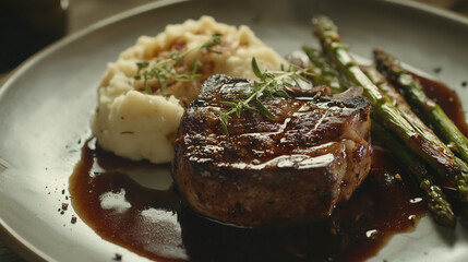 A beautifully plated grilled steak, served with mashed potatoes, grilled asparagus, and red wine reduction sauce. Garnished with fresh herbs, captured with warm lighting highlighting its juiciness.