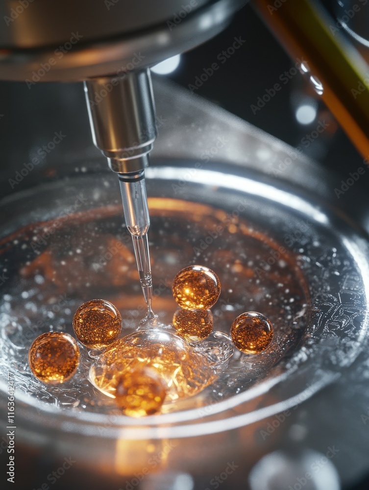 Poster close-up of a lab setup showing amber liquid droplets and spherical particles, emphasizing scientifi