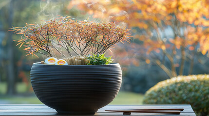 A cozy bowl of homemade ramen with soft-boiled eggs, bamboo shoots, green onions, and tender pork belly in a flavorful broth, served with chopsticks and steam rising, creating a comforting vibe