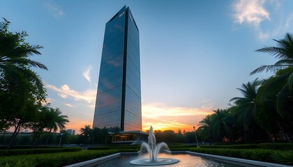 Majestic Skyscraper at Sunset with Fountain