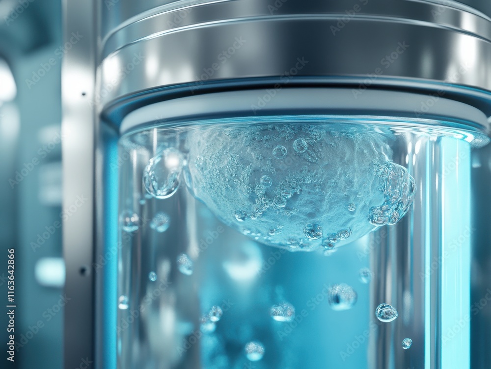 Poster close-up of a scientific experiment with bubbles in a transparent container, featuring a futuristic 