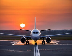 An airplane stands ready for take-off on the airport runway with sunset
