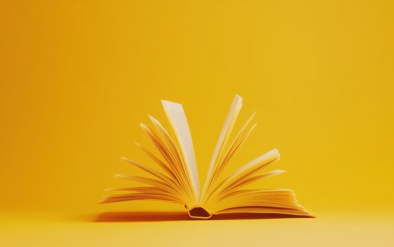 A book with pages turning, filled with life lessons and knowledge, set against a muted yellow background 