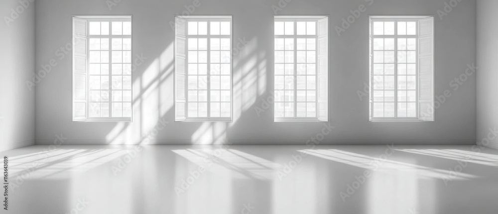 Poster sunlight streams through four large windows in a minimalist white room.