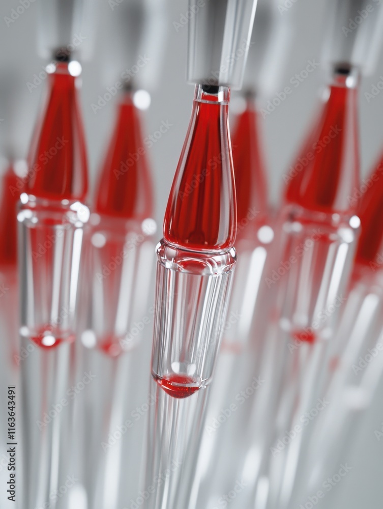 Poster close-up of glass pipettes with red liquid, emphasizing precision and detail in a scientific setting