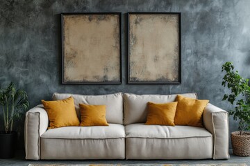 Stylish boucle sofa against concrete wall in minimalist loft inviting interior design modern living space contemporary aesthetic