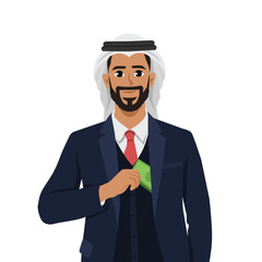 Man showing money from pocket suit. Flat vector character illustration