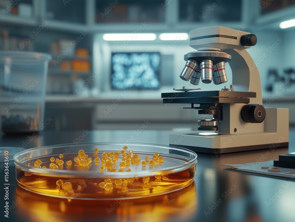 Poster a close-up view of a modern laboratory setting with a microscope and petri dish containing yellow sa