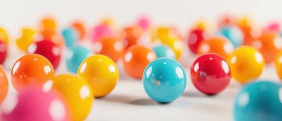 Colorful gumballs scattered on white background.