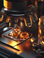 A close-up of a microscope with illuminated samples, showcasing detailed laboratory equipment in a professional setting.