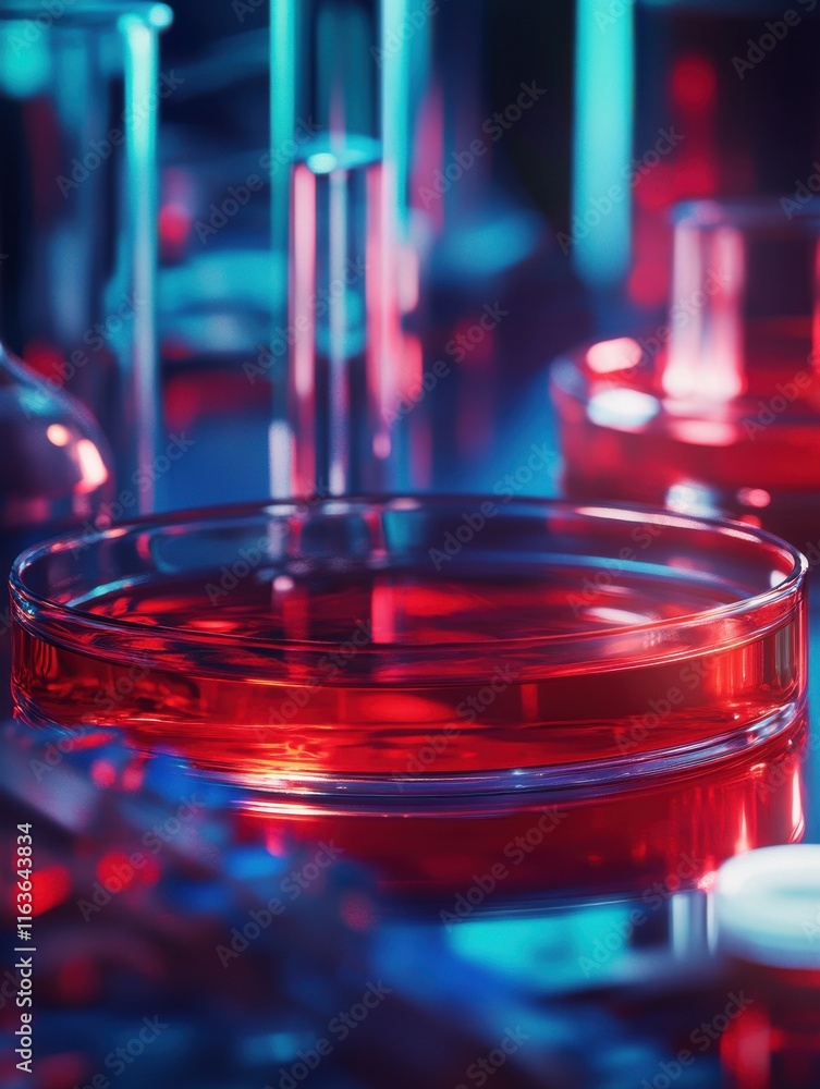 Poster close-up of laboratory glassware with vibrant red liquid, creating an atmospheric and colorful scien