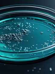 Close-up of a petri dish filled with shimmering blue liquid and bubbles reflecting light.