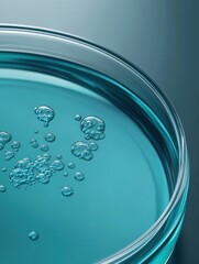 Close-up of a petri dish filled with a turquoise liquid and bubbles, creating a serene and scientific atmosphere.