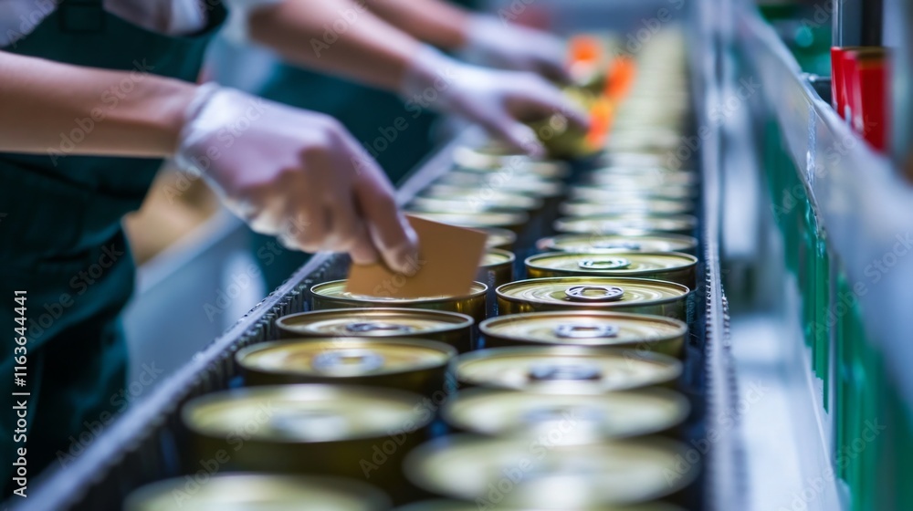Poster Workers in gloves are actively engaged in an ai-assisted food production line, carefully packaging cans. This automated process enhances efficiency in food handling and production.