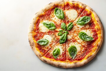 top-down view of classic margherita pizza with vibrant tomato sauce fresh mozzarella and basil leaves bright studio