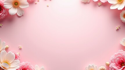 Fototapeta premium Pastel pink background framed with soft pastel flowers along the edges.