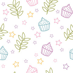 colorful pastel color cute cup cake and stars line art seamless pattern
