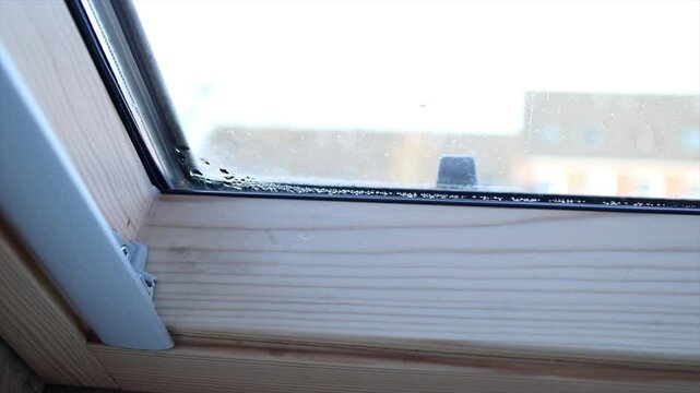Close up of condensation on the window in a house, water drops and hight humidity 