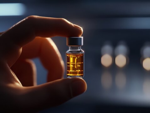 A person holding a small vial of orange liquid, showcasing a modern medical setting with soft lighting.