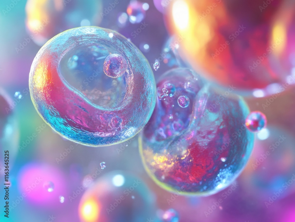 Poster vibrant abstract depiction of colorful cells floating in a surreal environment.