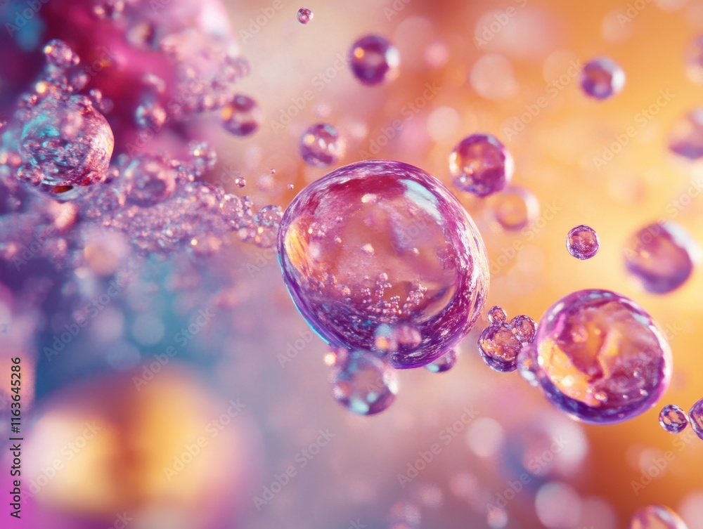 Poster Vibrant macro shot of shimmering bubbles in various hues, creating a captivating abstract background.