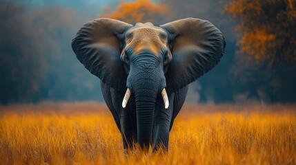 A majestic elephant strides through tall golden grasses, showcasing its large ears in a tranquil evening landscape
