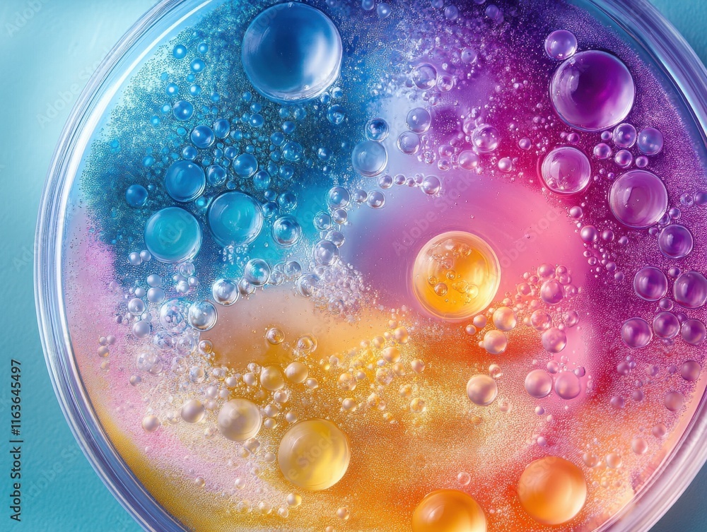 Poster vibrant abstract patterns of colorful bubbles in a petri dish, creating a mesmerizing visual experie