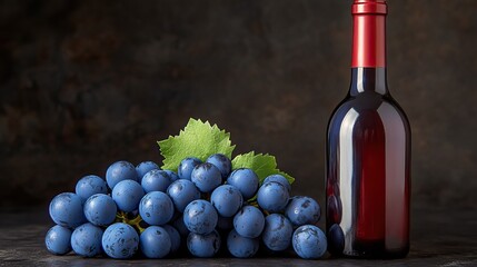 Obraz premium A striking red wine bottle stands next to a lush bunch of blue grapes, highlighting their vibrant colors and textures