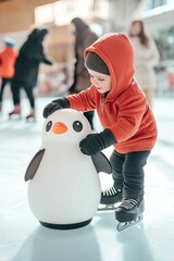 Fototapeta premium A young child is playing with a penguin on a skating rink