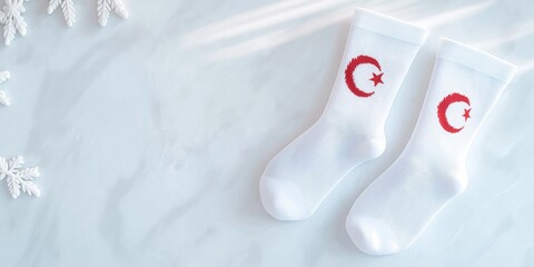 Two white socks with a red star and crescent moon on them