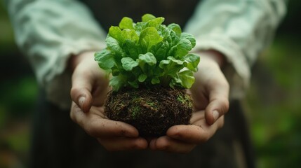 Food and Beverage,sustainable food Hands holding a small plant, symbolizing growth and sustainability in nature.