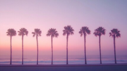 Obraz premium Palm trees line a beach road at sunrise, soft pink and purple hues.