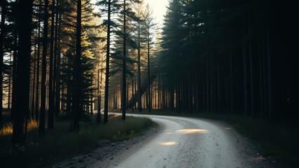 Obraz premium Sunlit Path Winding Through a Dense Pine Forest