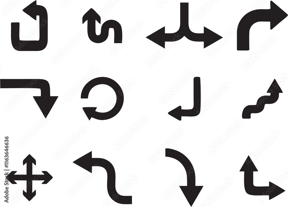 Poster multiple style and turn arrow set isolated on white background. traffic turn symbols and direction i